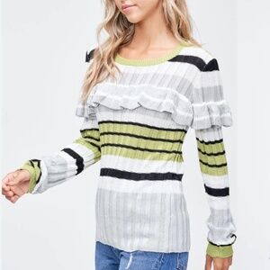 NWT En Saison Ruffled Long Sleeve Striped Sweater Top- Size Small